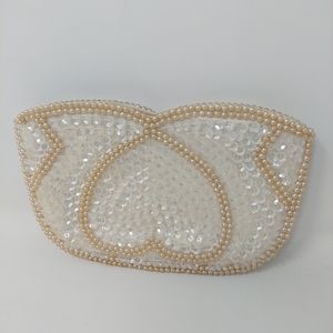 Vintage White Sequin Pearl Beaded Clutch Evening Bag Heart Y2K Going Out Formal